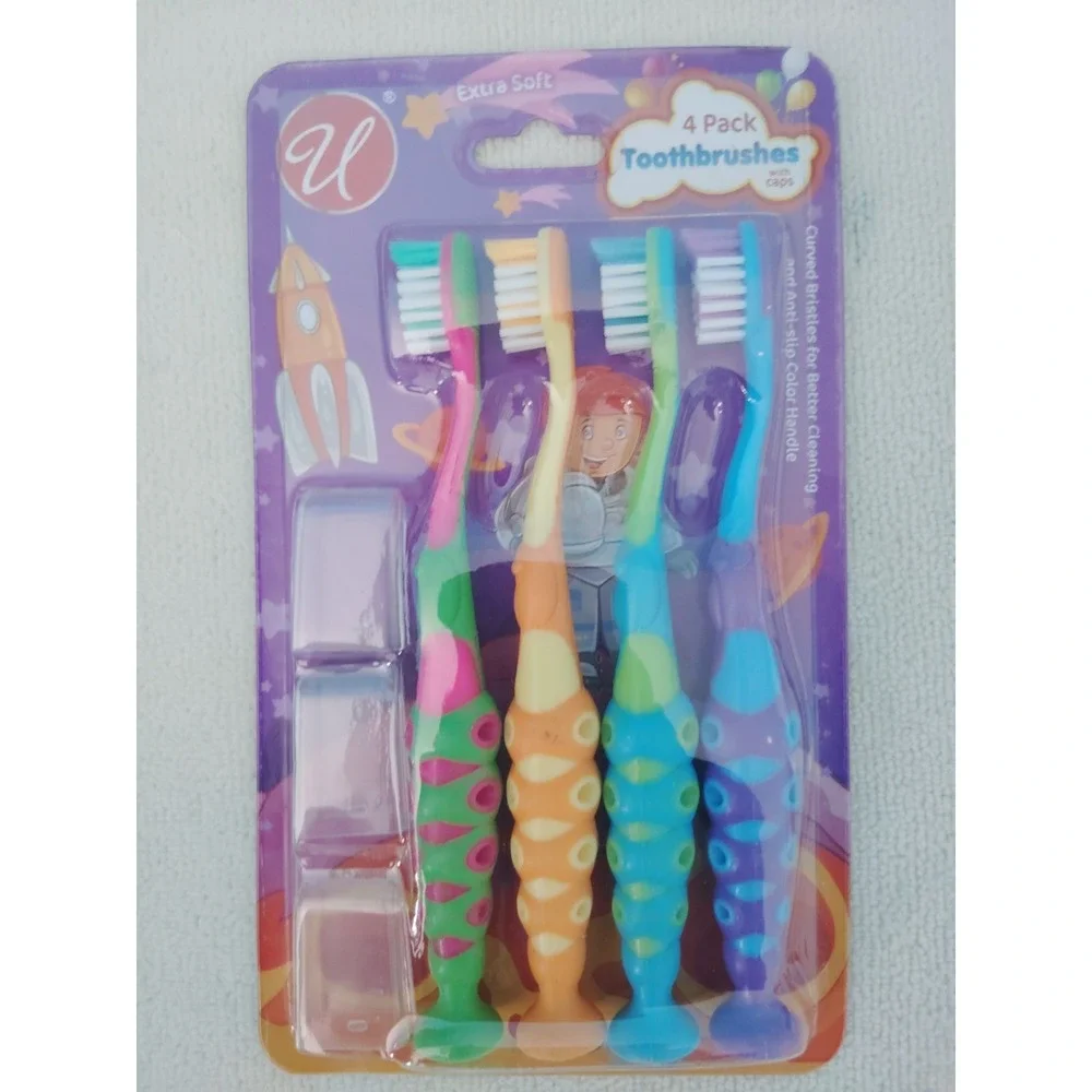 U Extra Soft Toothbrushes 4 Pack w/ Caps Anti-Slip Handle Ages 2-6